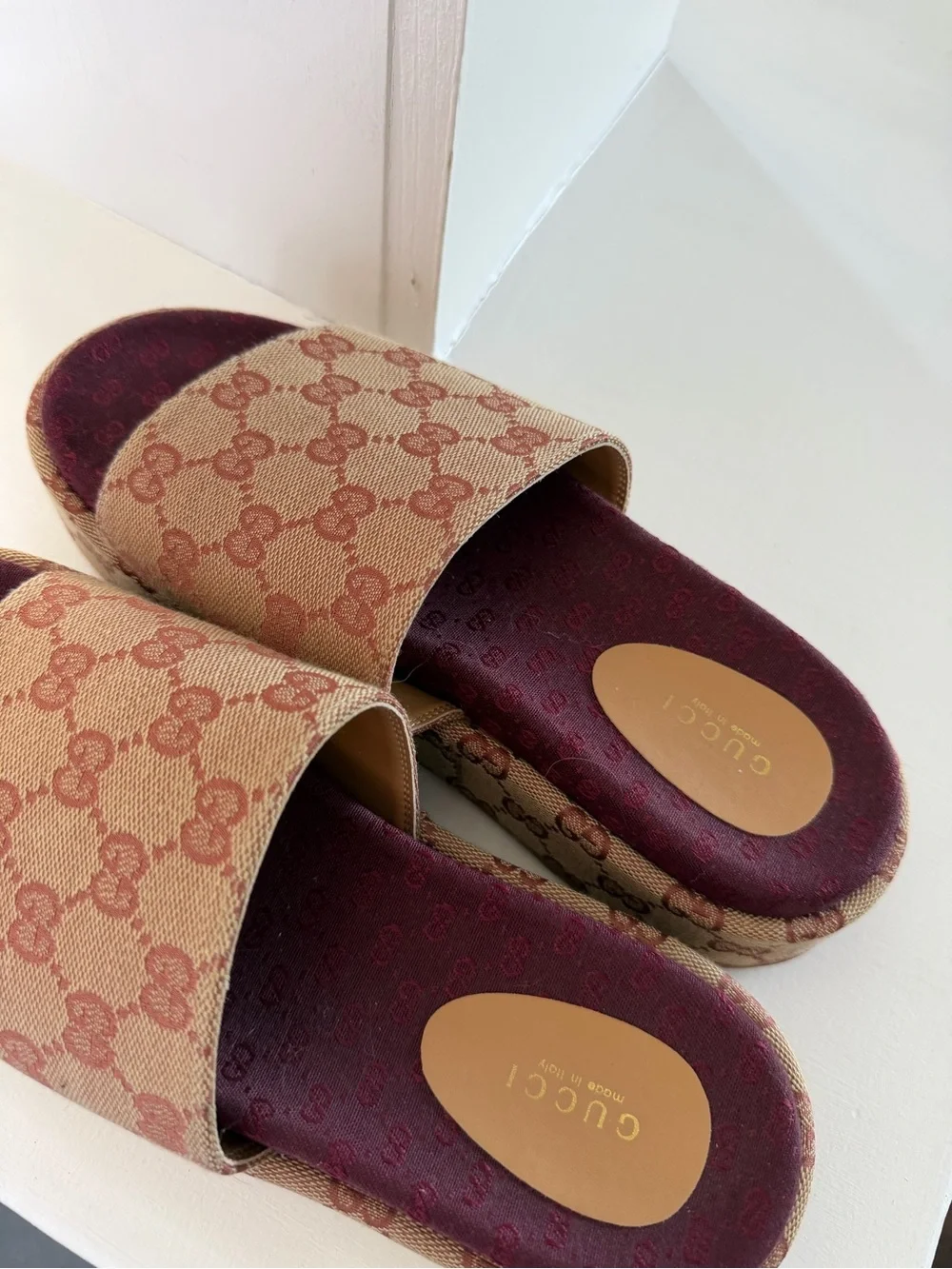 Platform Slide Sandals in Beige Monogram with Burgundy Footbed